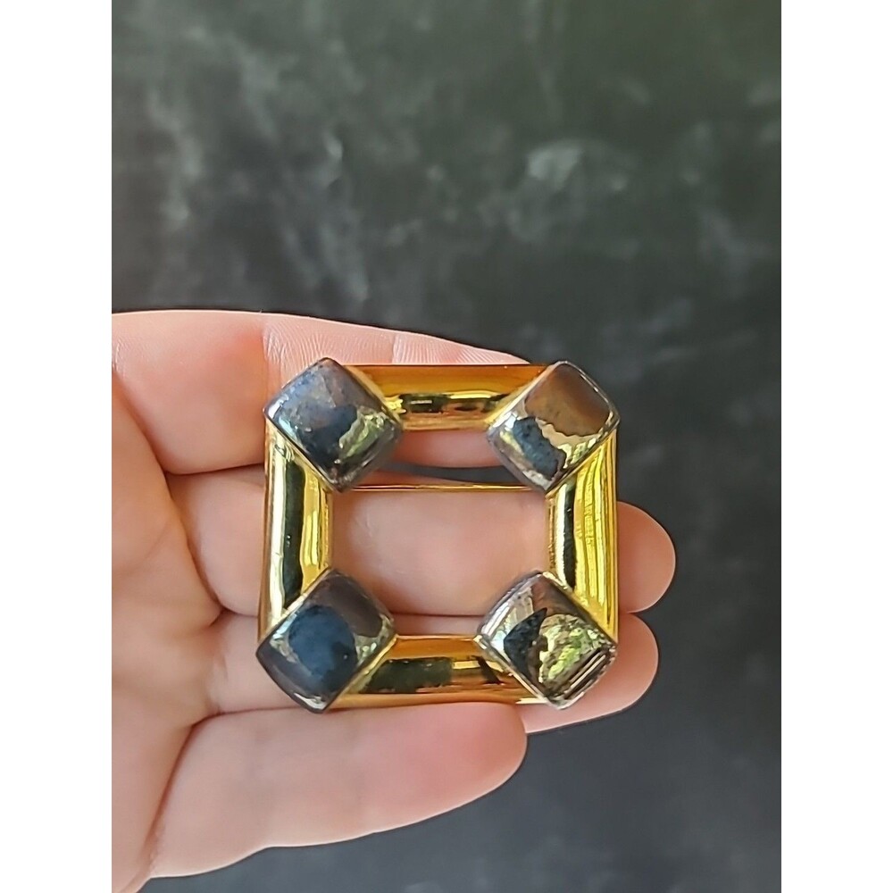 Square Shaped Two Toned Metal Brooch Vintage Costume Jewelry, READ Description